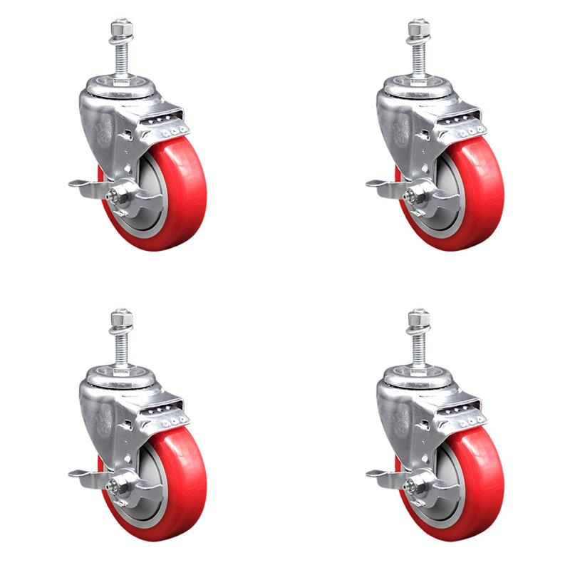 Ensemble de roulettes à tige filetée en polyuréthane pivotant de 3/8 po avec 2 freins