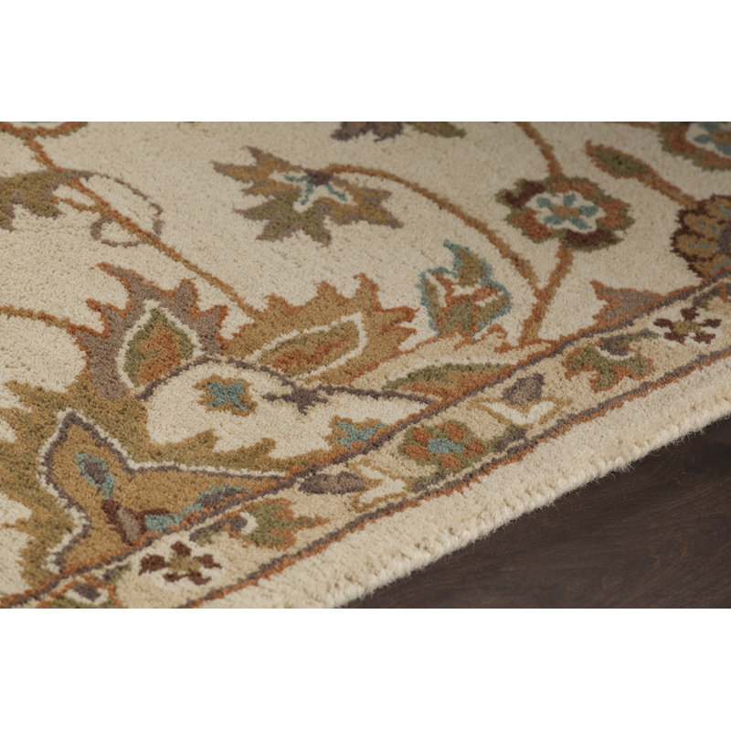 Tapis oriental traditionnel en laine touffeté à la main beige, brun, crème, vert et rouge Cayman, 5 pi x 7 pi