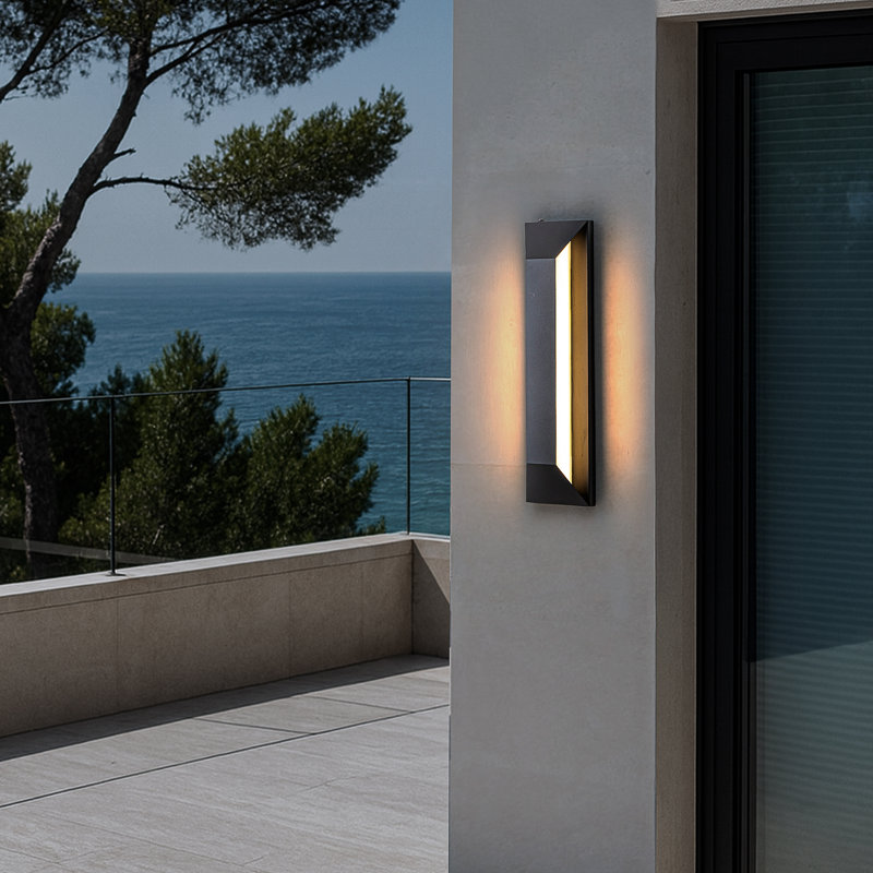 H22" Large Dusk To Dawn Modern Outdoor Wall Light 24w Integrated Led Exterior Wall Sconce With Black Trapezoid Design And Acrylic Shade For Garage Entryway