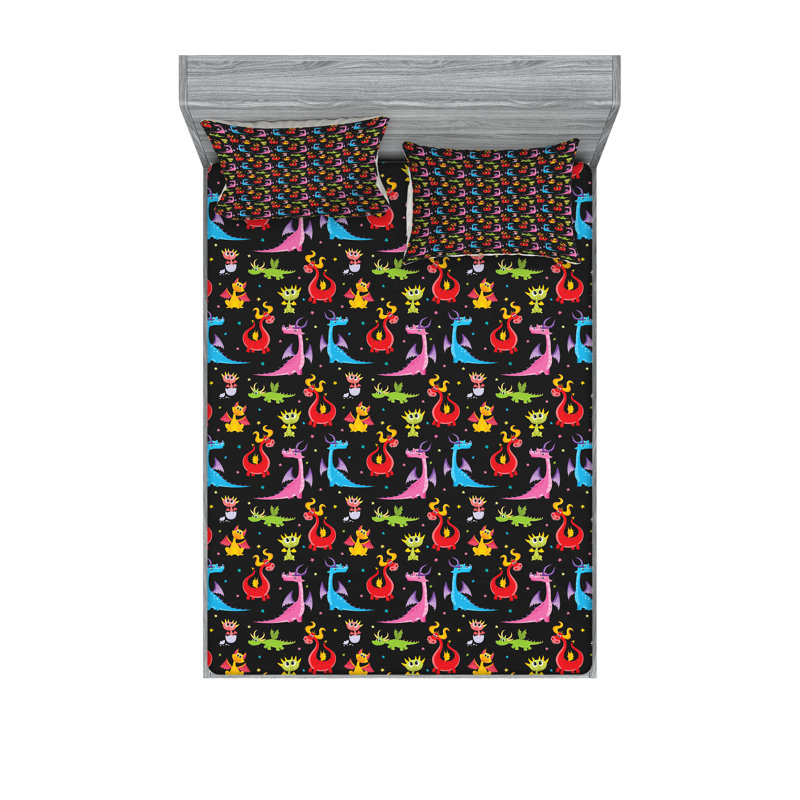 Ambesonne Dragon Fitted Sheet & Pillow Sham  Set,  Multicolor, California King Sheet Set with 4 Pillowcases