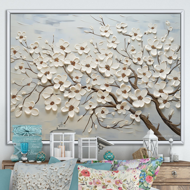 Dogwood Serenity Magical Tree I - Flower Field, reproduction d'art sur toile encadrée, Cadre flottant blanc, 30" H x 40" W