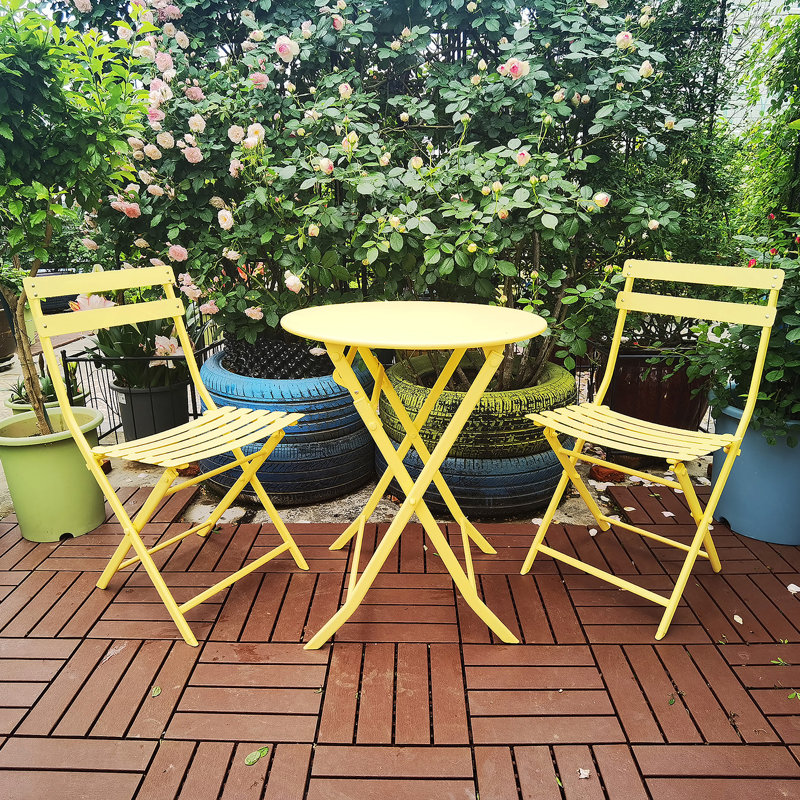 3 Piece Patio Bistro Set Of Foldable Round Table And Chairs, Yellow