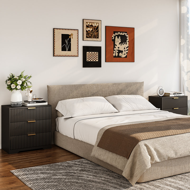 27"W Modern Nightstand With 3 Storage Drawers, Black