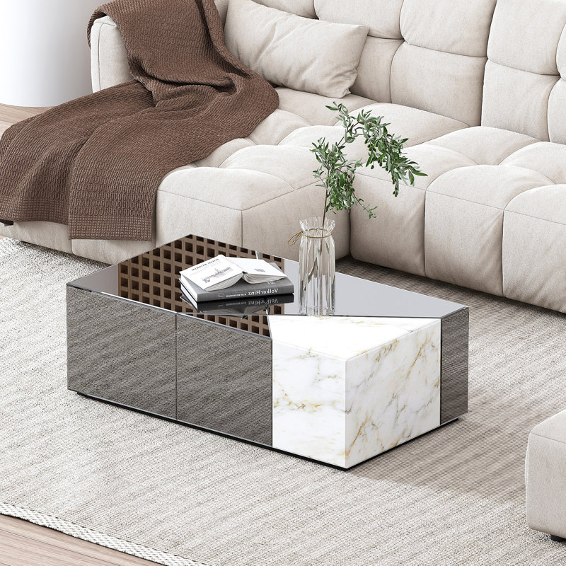 Table basse à miroir moderne 39,37 po Benley, Gris / Blanc