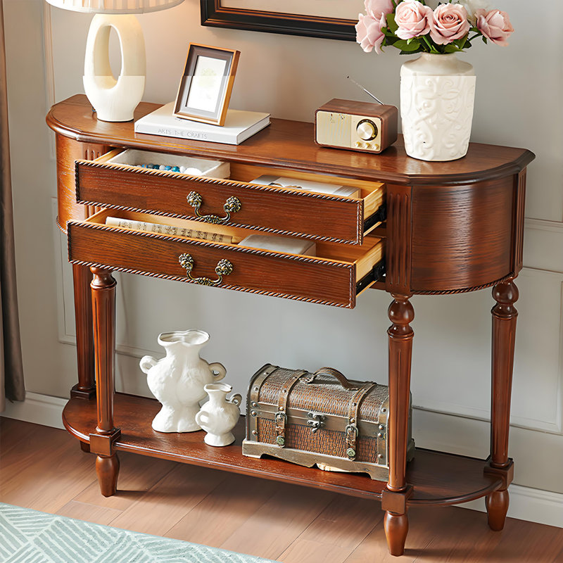 Table d'entrée de 31,5 po de style américain avec rangement en bois massif brun, H 35,43 po x l 31,5 po x P 11,81 po