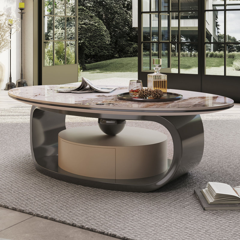 Table basse ovale moderne en faux marbre de 55 po avec base traîneau et tiroir de rangement, plateau en pierre frittée, table centrale d'inspiration rétro