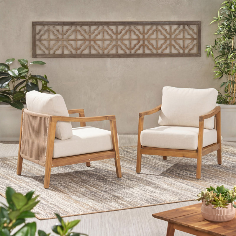 Fauteuil club d'extérieur, structure en bois d'acacia avec dossier en corde, coussins beiges hydrofuges pour patio / cour arrière / terrasse, ensemble de 2