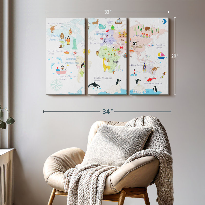 «World Map Continents» sur toile, H 20 po x l 33 po x P 1,25 po