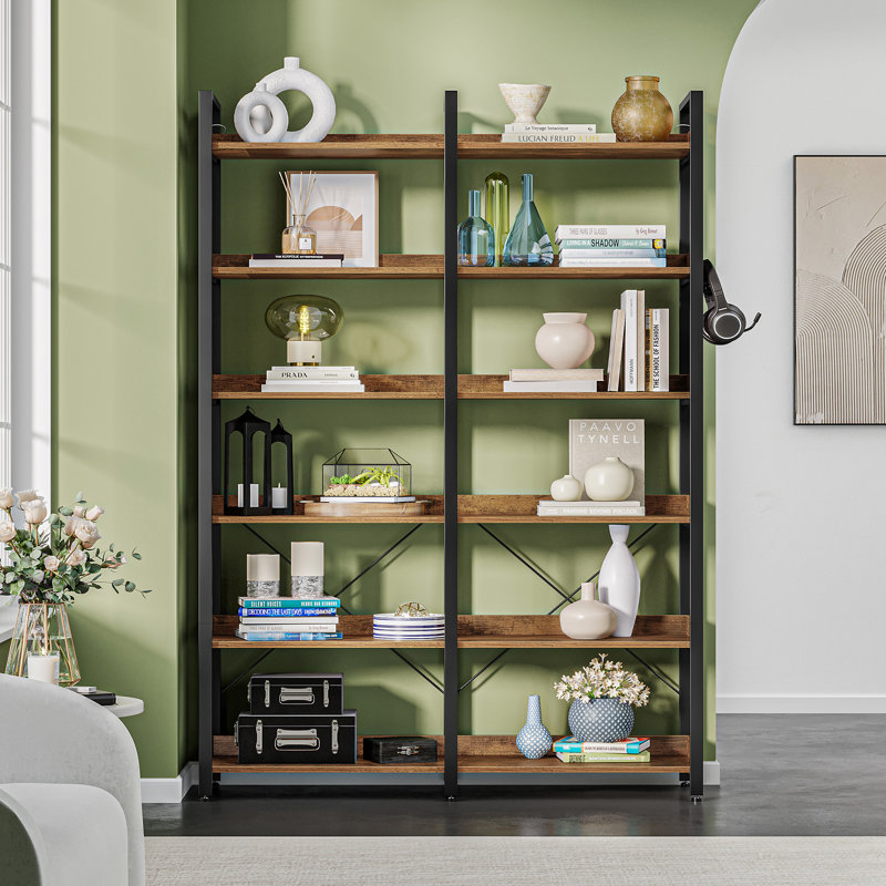 Bookshelf 6 Tier with 4 Hooks and fence, etagere bookcase with Open Shelves, Black/Brown