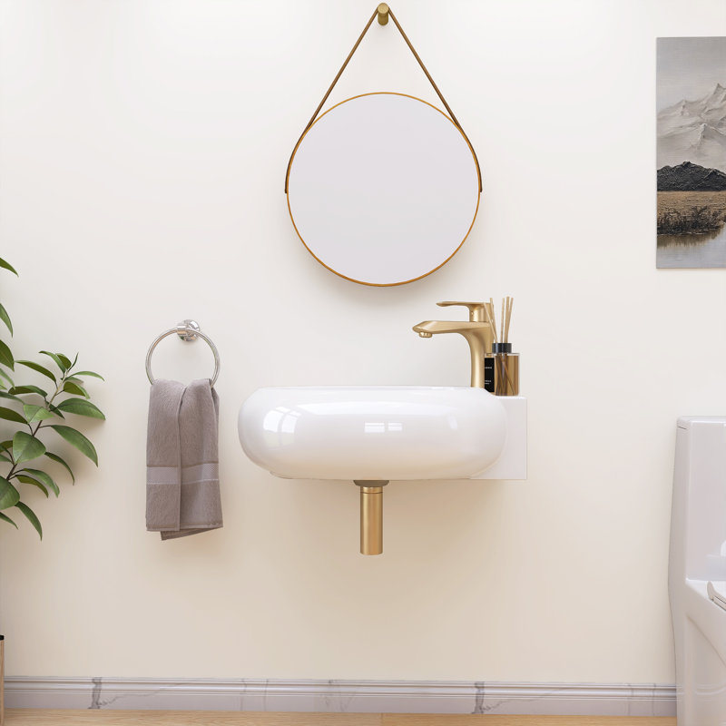 16.94" W X 11.25" D Wall-Mounted Ceramic Bathroom Sink Small Oval Wall Hung Sink RV White Floating Vessel Sink with a Right Faucet Hole