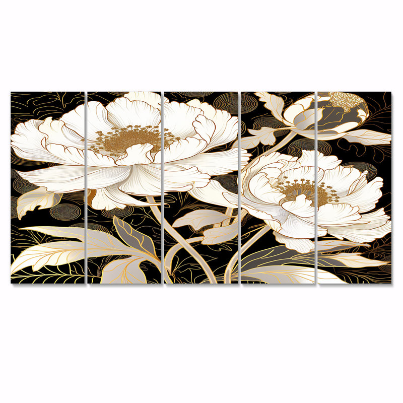 Pivoines blanches et noyau doré - ensemble d'art mural pivoines 5 pièces, H 28 po x l 60 po