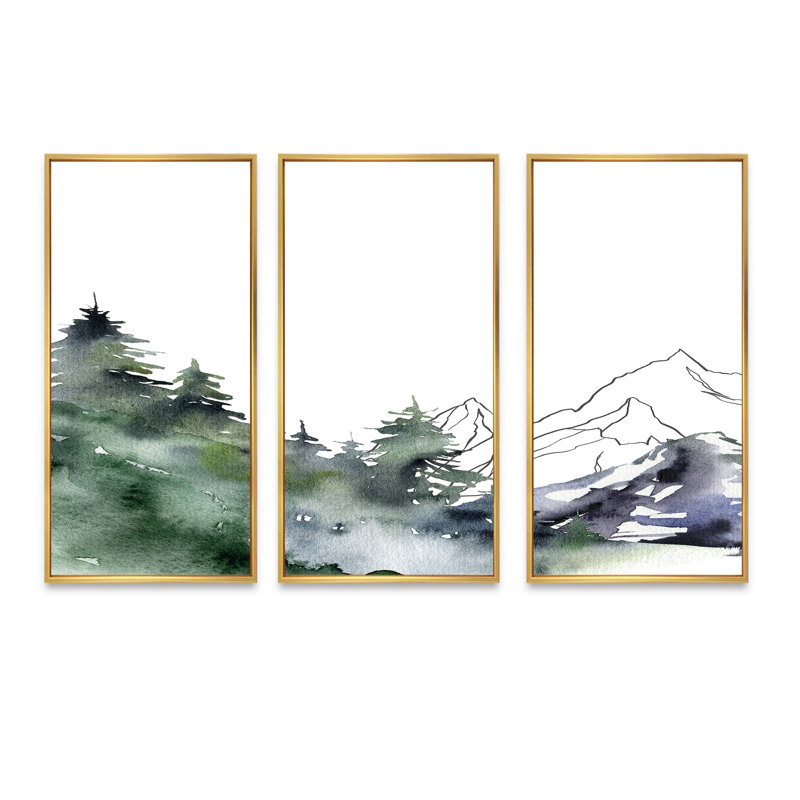 «Winter Dark Blue Mountain Landscape with Trees III», peinture sur toile flottante 3 pièces, H 20 po x l 36 po, Or