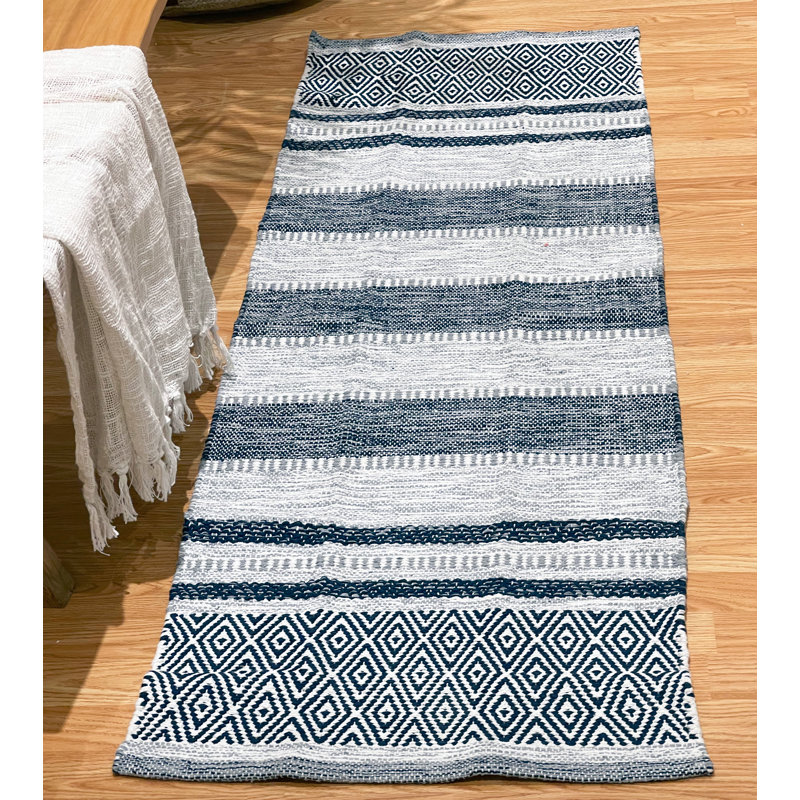 Stewartville Geometric Hand-Woven Flatweave Cotton Bath Rug, 2' x 6', Navy