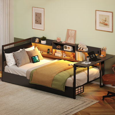 Twin Corner Bed Frame With Desk, 2 Drawers and Storage Bookcase, Metal Platform Bed With Charging Station and Led Lights, Twin Daybed With Upholstered Headboard