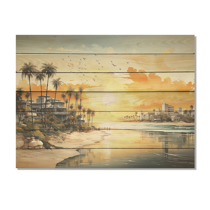 Coastal Sunset Cityscape - Coucher de soleil côtier sur bois, H 24 po x l 32 po