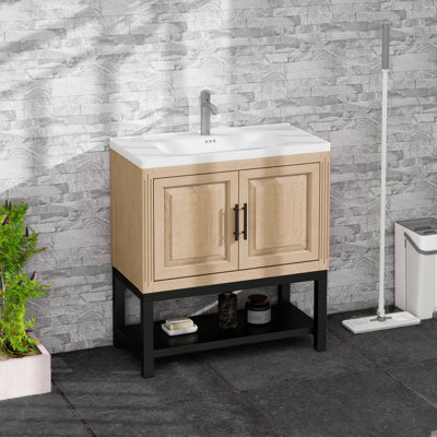 32" Freestanding Bathroom Vanity - White Ceramic Sink & Dual Storage Doors, Iron Frame With Oxidized Finish For Indoor/outdoor Use?