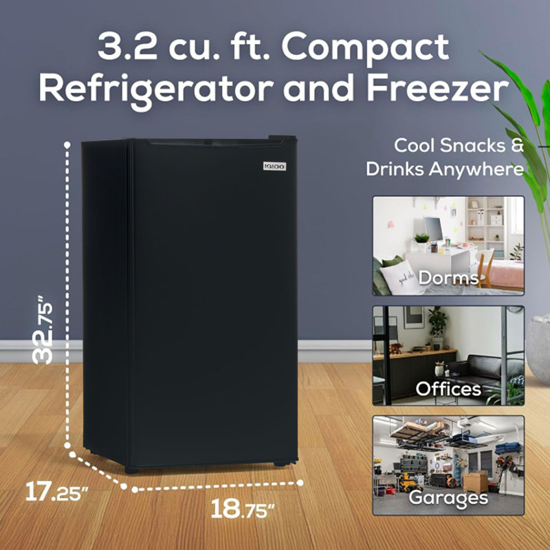 Igloo 3.2 Cubic Feet Internal Freezer Freestanding Mini Fridge, Black