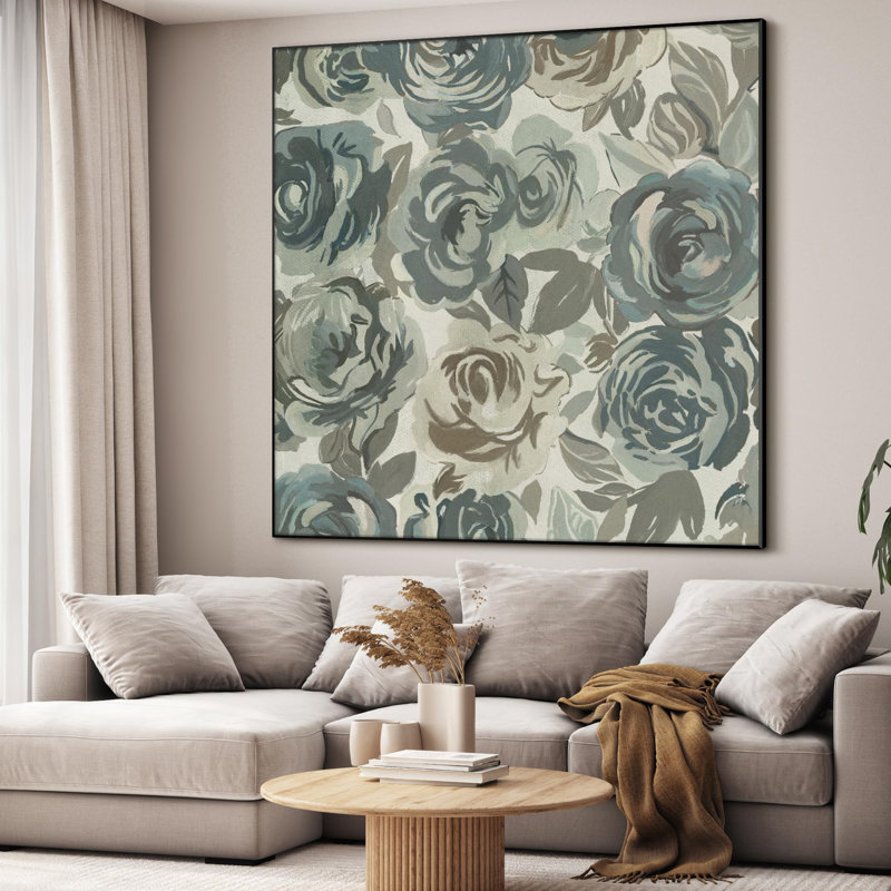 Très grand motif floral imprimé de roses bleues et vertes très grandes, impression encadrée (assemblage requis)