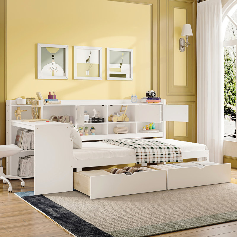 Twin L-shape Daybed With Plentiful Storage Areas, White Wooden Bed Study Desk & Bookcase Thoughtful Storage, Built-in, Twin