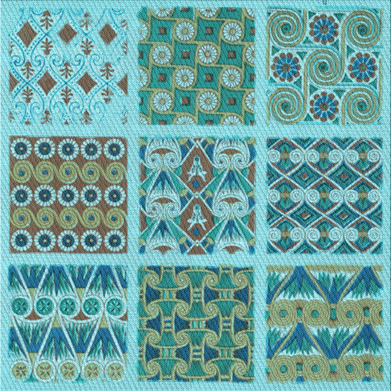 Tapis bleu ciel et laine patchwork, Carré 4 pi