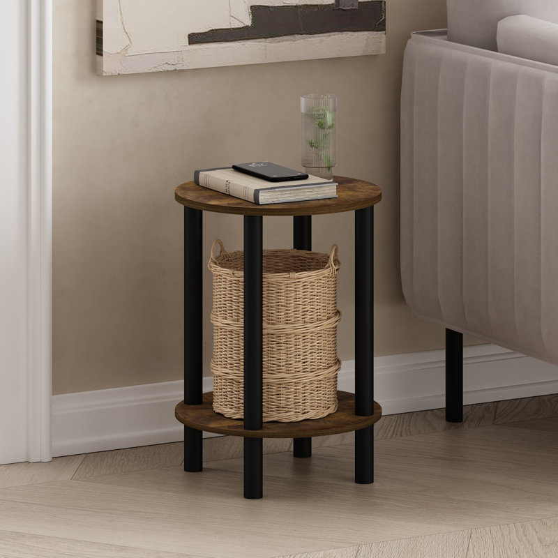 Creekside 2-Tier Round Wooden End Table, Side Table,, Amber Pine/Black