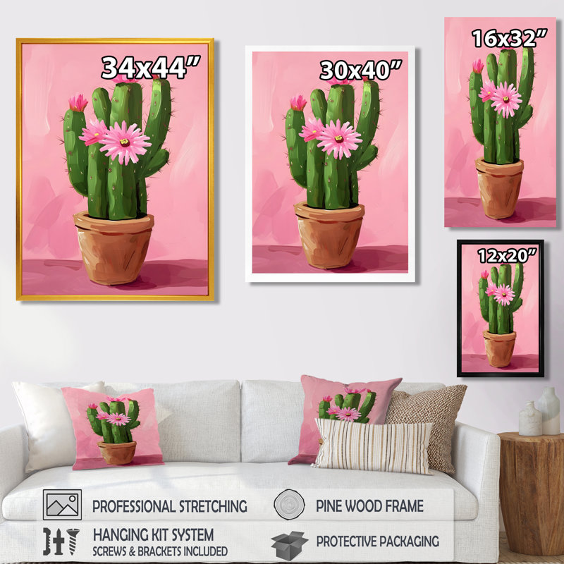 Fleurs de cactus en pot - Art mural floral cactus, Toile encadrée flottée blanche, H 44 po x l 34 po x P 1,5 po
