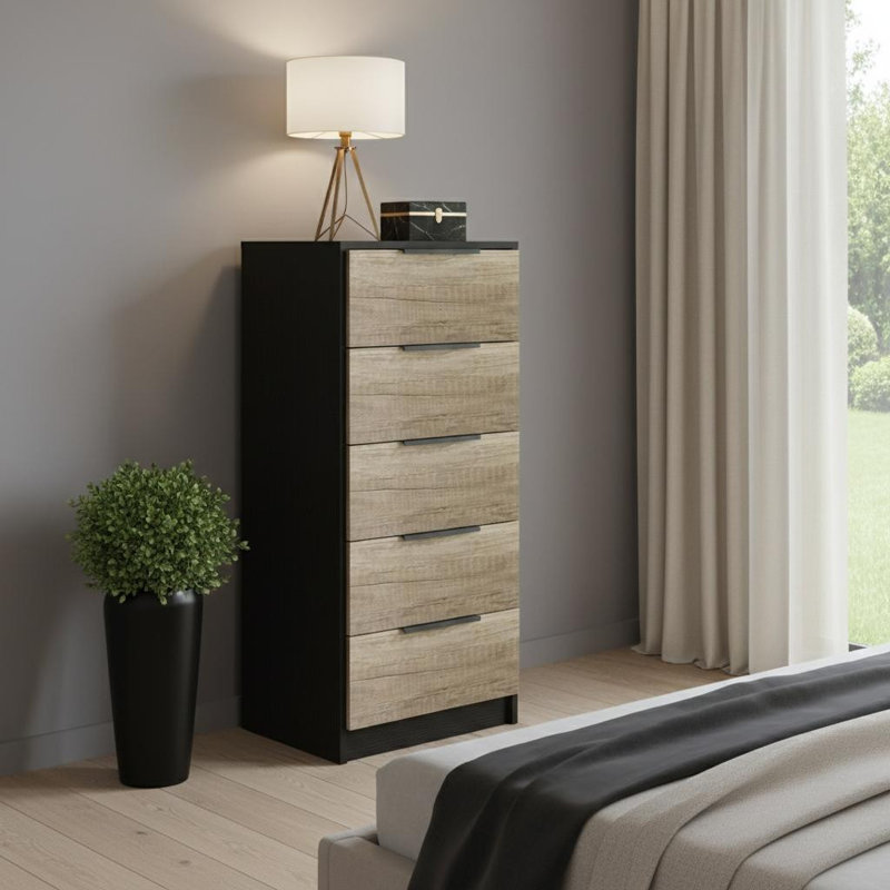  Commode 5 tiroirs 42 "en bois manufacturé noir et chêne clair