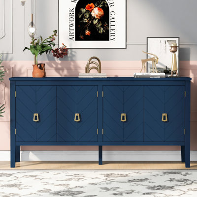 Buffet à quatre portes avec motifs géométriques et poignées en métal rétro pour une élégance intemporelle, convenant aux salons, aux entrées et aux salles d'étude
