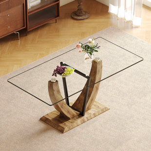 71'' Glass Dining Table,With U-Shaped Wood Base & Metal Frame,Seats 6-8 Comfortably