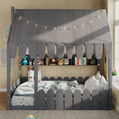 Full Montessori House Floor Bed with Tent, Lights, Fence Railings & 3 Storage Shelves for Kids, Gray