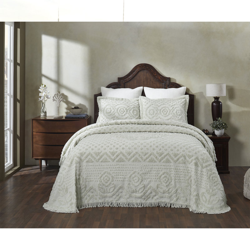 Sage Cotton Twin Bedspread with Tufted Chenille Design