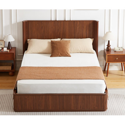 Walnut Corrugated Wave Wood Headboard Platform Bed Frame, 44" Tall Headboard Queen Size Bed Frame, Modern Minimalist, Easy Assembly, No Box Spring Req
