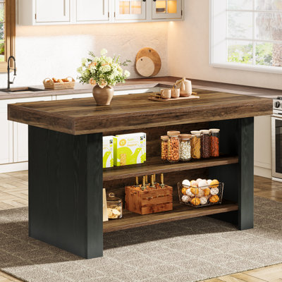 55'' Farmhouse Kitchen Island With Open Storage Shelves