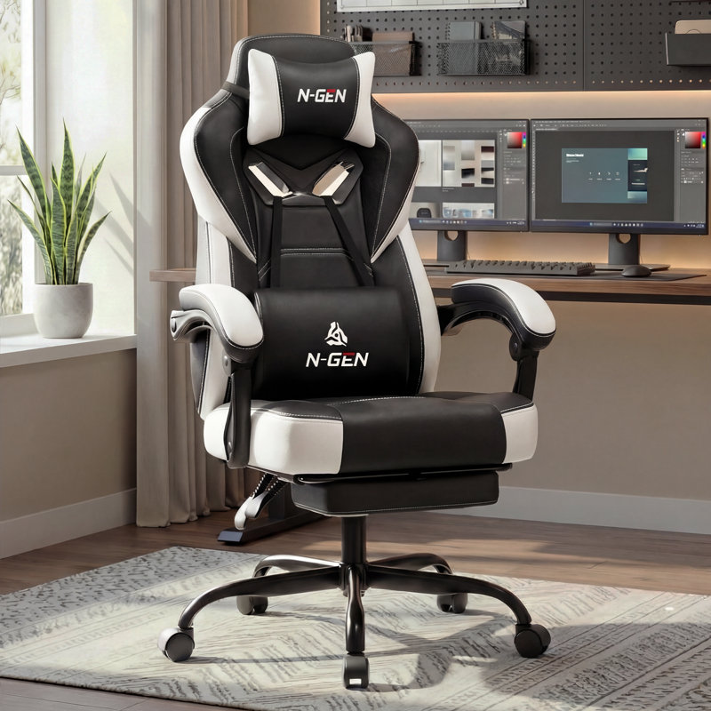 High-Back Adjustable Reclining Ergonomic Fabric PC & Racing Game Chair, White/Black