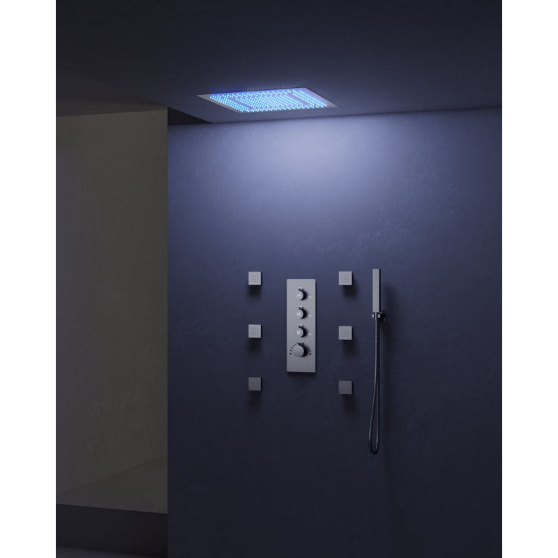 Thermostatic Rainfall  Shower System, 20" Ceiling Mount LED Shower Head with Handheld Shower, Body Jet, Brushed Nickel