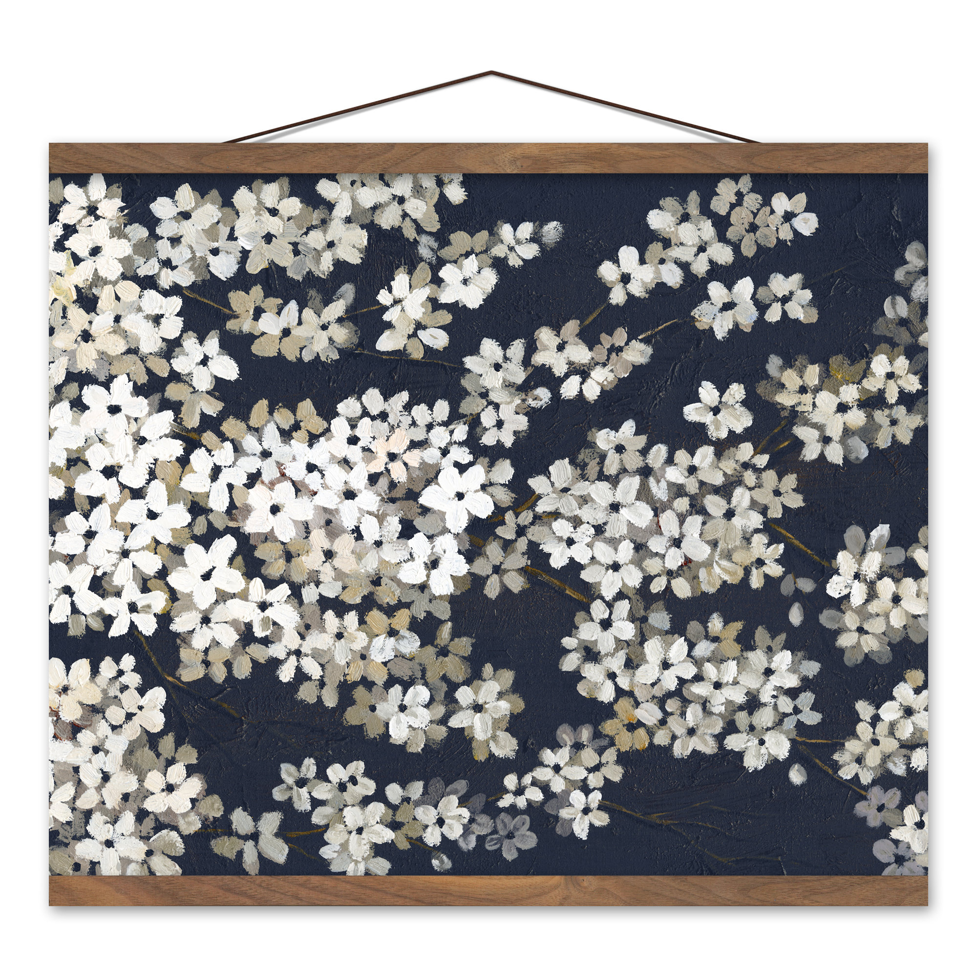 Winston Porter White Blossoms On Navy Hanging Print On Canvas | Wayfair