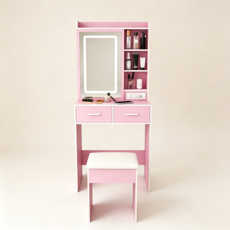  Petit meuble-lavabo de maquillage avec lumières DEL réglables et miroir, prise de courant intégrée et support pour sèche-cheveux avec 2 tiroirs et tablette, coiffeuse avec tabouret pour chambre à coucher, blanc