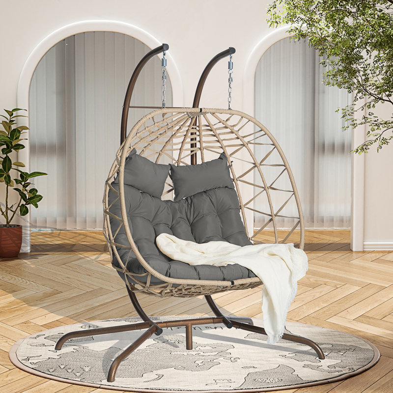 Fauteuil double avec support, fauteuil pivotant en osier et rotin pour l'intérieur et l'extérieur, chaises hamac, Jaune clair