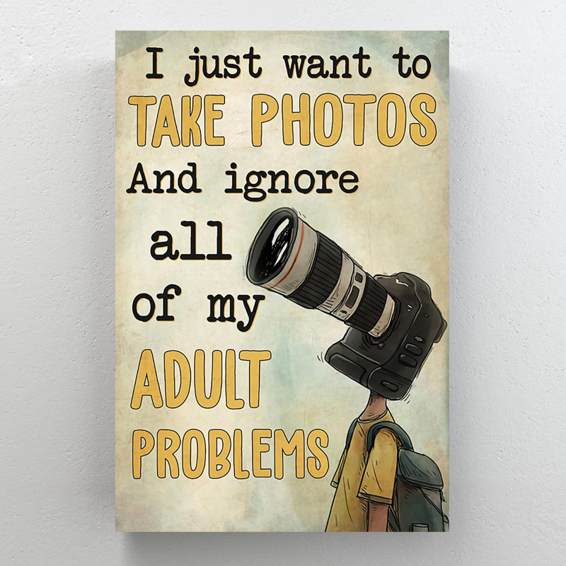 Man With Camera On Head - I Just Want To Take Photos - 1 Piece Rectangle Graphic Art Print On Wrapped Canvas