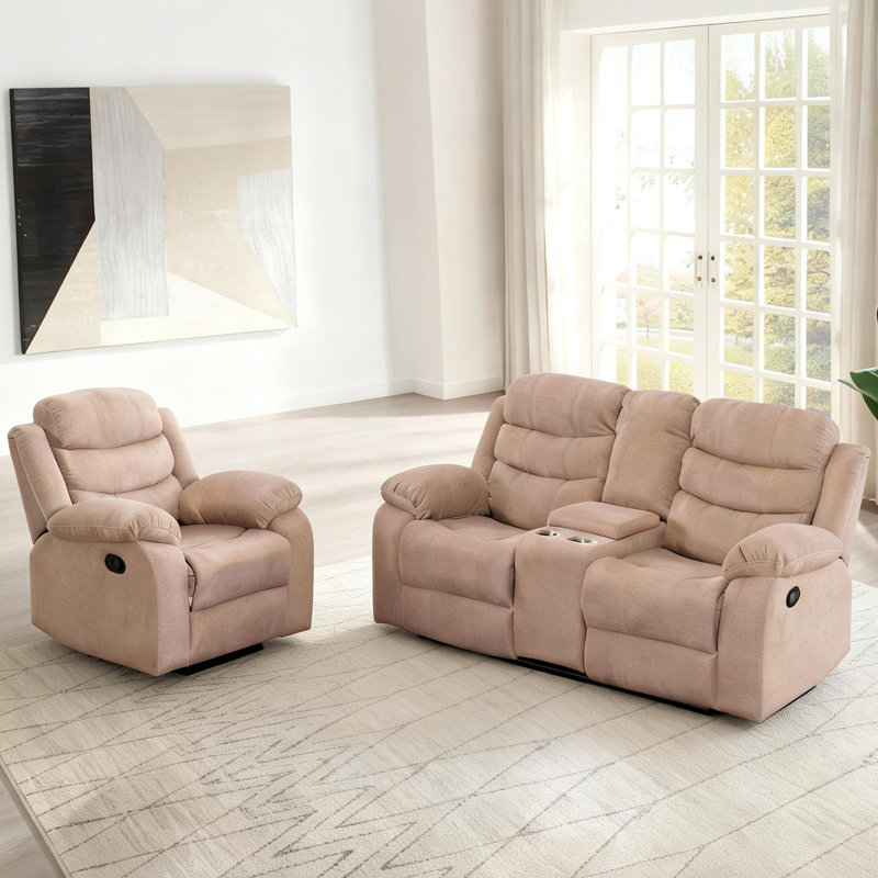 Ensemble de salon 2 pièces en polyester - Fauteuil inclinable manuel et causeuse avec console, Chameau clair
