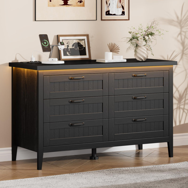 Wide 6-Drawer Wooden Chest – Dark Oak, LED Lights & Power Outlet, Modern Bedroom Organizer (Dark Oak), Black