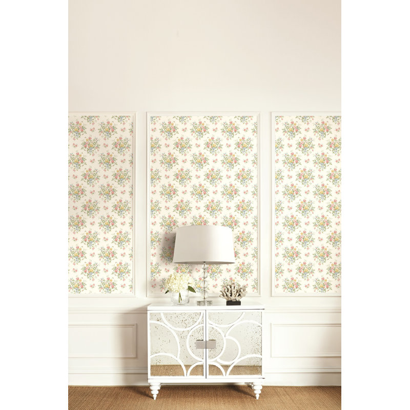 Rouleau de papier peint l 33 pi x l 20,5 po bouquet Belinda, Blanc / Vert / Rose