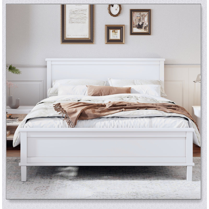 Mid-Century Wood Platform Bed With Headboard And Wood Slat Support, No Box Spring Needed, Grand lit, Blanc