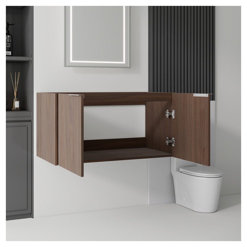 Meuble-lavabo flottant de 36 po de largeur, fabrication en contreplaqué avec portes à fermeture en douceur, unité de rangement murale (lavabo non inclus), brun