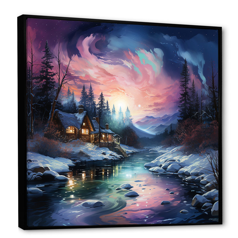 Aurore boréale, paysage d'hiver, Cadre flottant noir, H 16 po x l 16 po x P 1 po