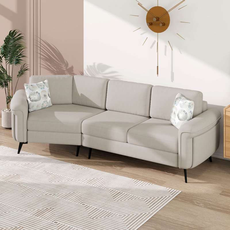 111" Upholstered 3 Seater Sofa With 2 Printed Pillows, Chenille Curved Couch With Metal Legs, Ergonomic Armrests, Beige