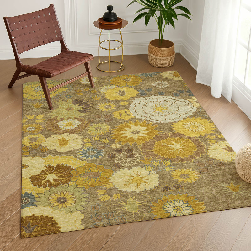 Tapis floral intérieur / extérieur lavable à la machine Emelia ACN2294, Rectangle 2 pi 6 po x 3 pi 10 po