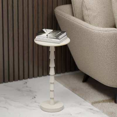 Solid Wood 12″ Round Small Side Table – Modern Accent End Table, 24 in. H, Sculptural Pedestal, Distressed Whitewash Finish