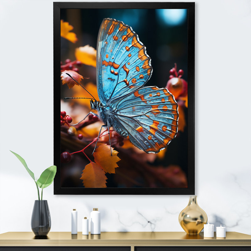 Imprimé papillon turquoise - jaune, H 20 po x l 12 po x P 1 po, Cadre photo noir