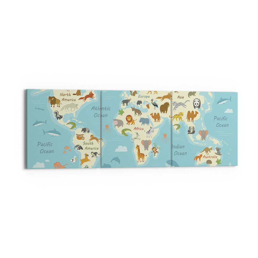 3-tlg. Leinwandbilder-Set Animals the World Map